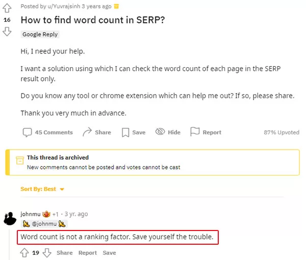 Năm 2019, John Mueller từ Google khẳng định trên Reddit rằng word count không phải là yếu tố xếp hạng