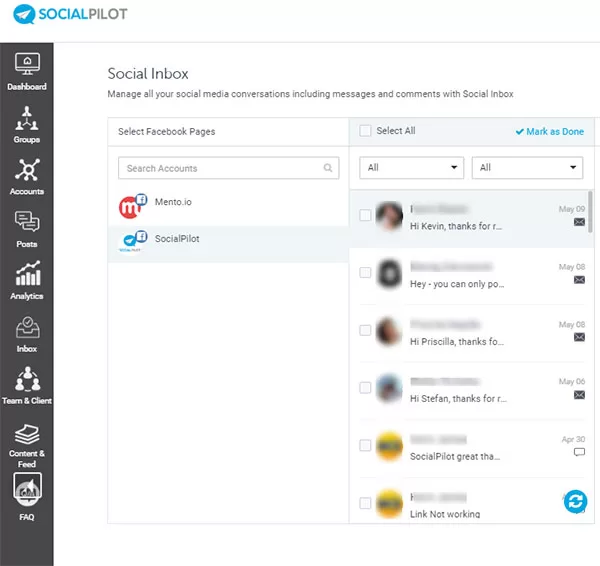 Chức năng Social Inbox của SocialPilot cho phép bạn nhận và gửi tin nhắn từ nhiều nền tảng khác nhau (bao gồm cả Facebook), và mỗi cuộc hội thoại đều có gắn tên và biểu tượng của mạng xã hội