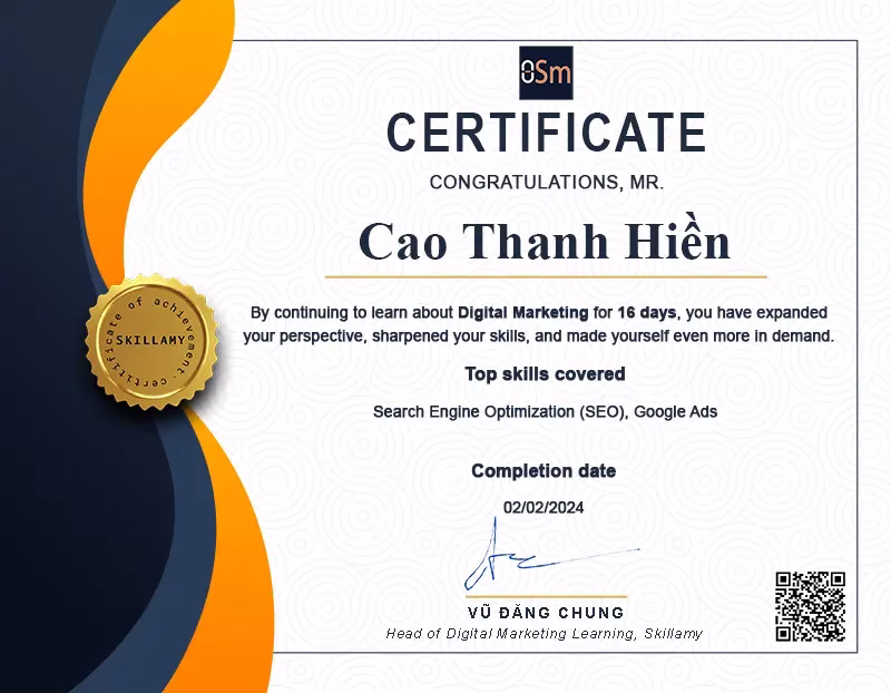Mẫu chứng chỉ hoàn thành khóa học của Y Chóc