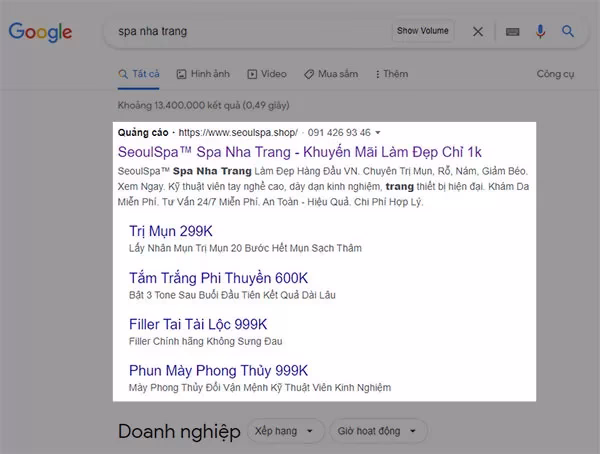 Ví dụ về quảng cáo Google Ads cho một spa thẩm mỹ tại Nha Trang khi tìm với từ khóa "spa nha trang"