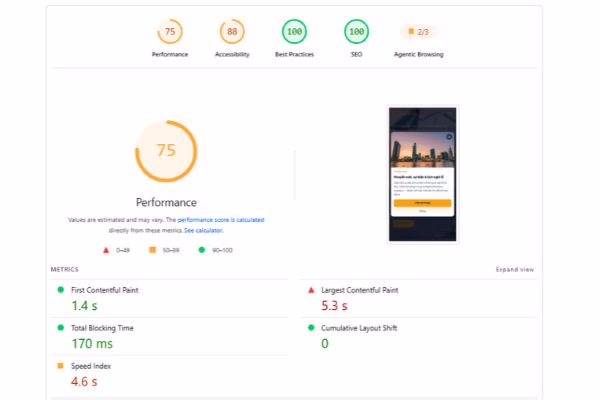Website do Fama thiết kế có điểm hiệu suất trên PageSpeed Insight khá thấp, chỉ 39 trên 100 điểm đối với phiên bản mobile