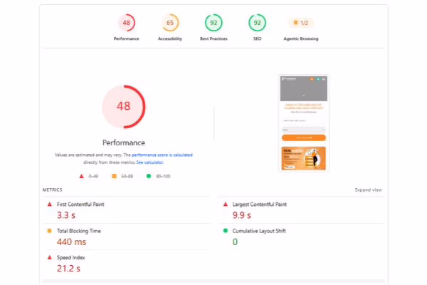Website hút hầm cầu do Puta Design thiết kế có điểm hiệu suất chỉ đạt 29 trên 100 điểm