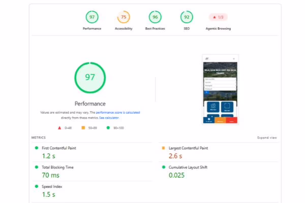 Website sản xuất quà tặng cá nhân hóa do Skillamy thiết kế có điểm hiệu suất Pagespeed Insight đạt 97 trên 100 điểm