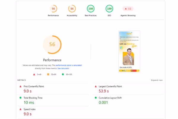 Điểm hiệu suất Pagespeed Insight của các website do Vuta thiết kế thường thấp hơn 50 điểm