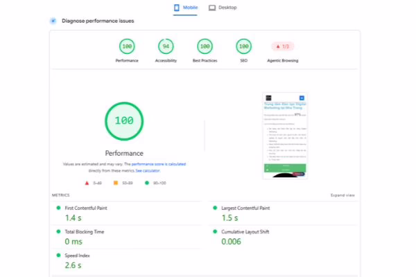 Website do Y Chóc thiết kế luôn chuẩn SEO và có điểm hiệu suất trên 90 điểm, kể cả bản mobile và bản PC